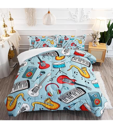 Erosebridal Electric Guitar Bedding Set - 7 Piece Twin Comforter Set With Abstract Music Design