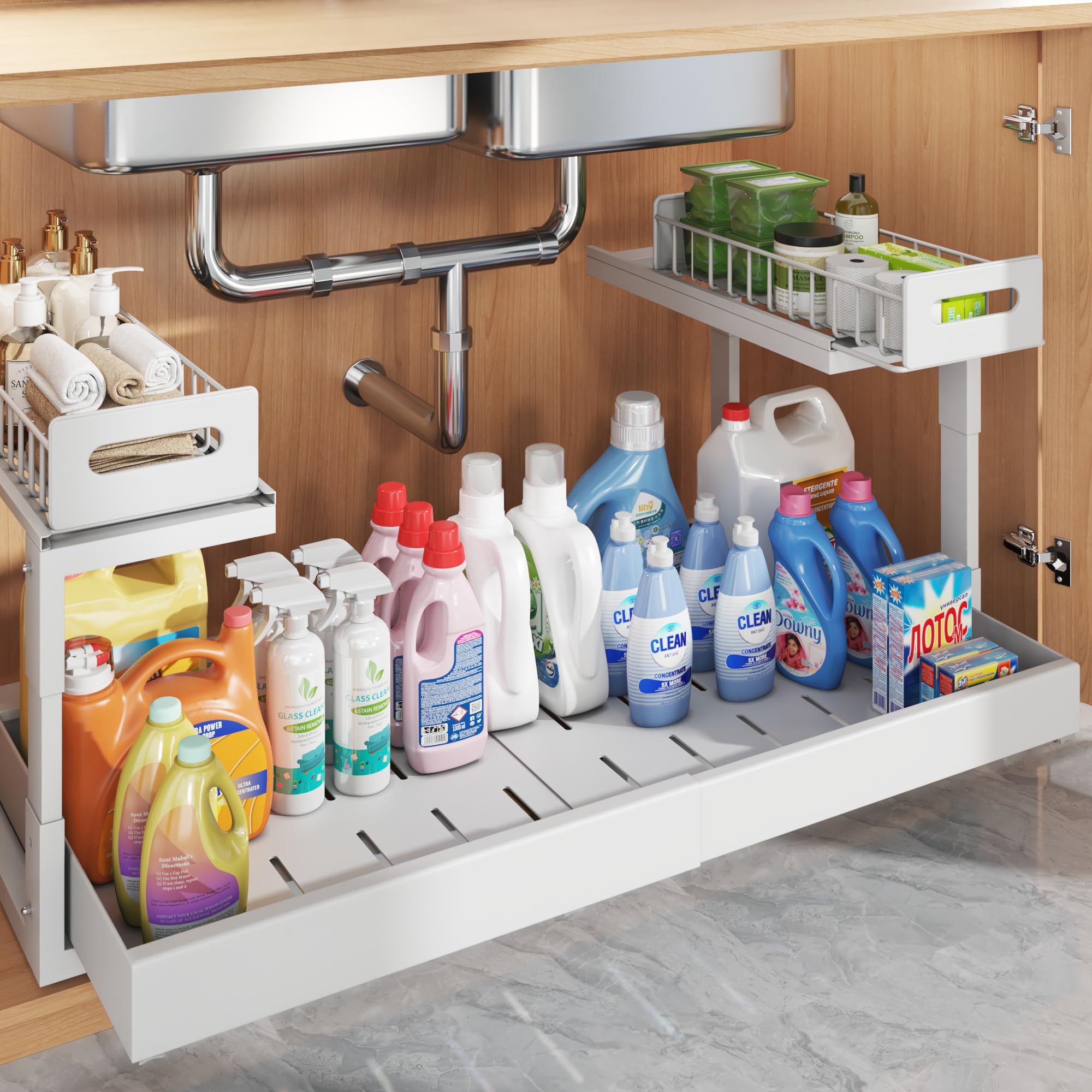 Photo 1 of 1 Pack-19"-32"W Expandable Under Sink Organizer With Upgrade Ball-Bearing Slide,2-Tier Pull Out Under Cabinet Organizer Height Adjustable,Not Suitable For Cabinets With Partitions In The Middle