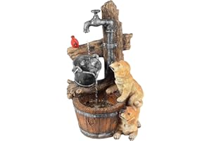 LUXENHÖME LuxenHome Water Fountain Outdoor, 30" Rustic Outdoor Water Fountain with LED Lights, Rustic Barrel Puppy and Pump Water Feature Outdoor, Garden Fountains Outdoor Patio, Porch, or Indoor Entryway