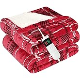 Electric Blanket Heated Throw, Soft Flannel 50"x60" Plaid Heating Blanket with 8 Hours Auto Off 10 Fast Heating Levels Machine Washable Sherpa Heated Blanket with Overheating Protection