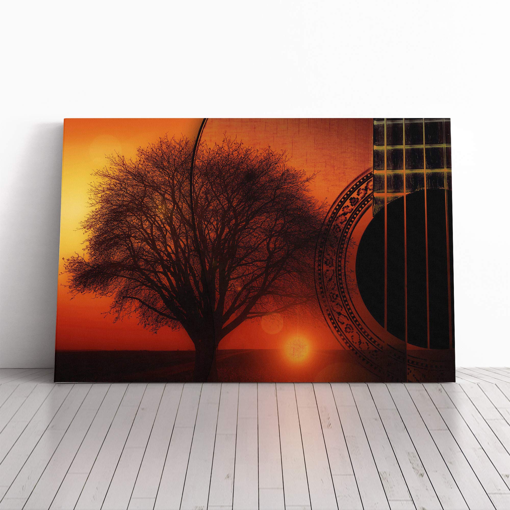 Guitar, Tree and Sunset Canvas Print | Gallery Wrapped 30mm Frame Wall Art | 20x14 inches | Ready to Hang | Contemporary Landscape Picture | Living Room Bedroom Lounge Office