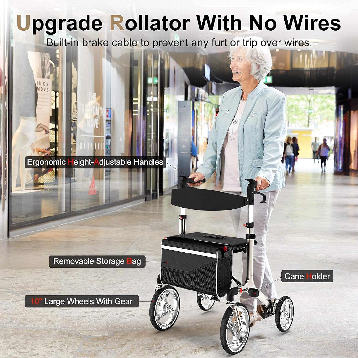 Healconnex Luxury Rollator Walkers for Seniors- Rollator Walker with Bult-in Brake Cable, Rollator Walker with 10"Large Wheels,Padded Seat and Backrest, Lightweight Aluminium Frame, Soft Rubber Handle: Health & Personal Care