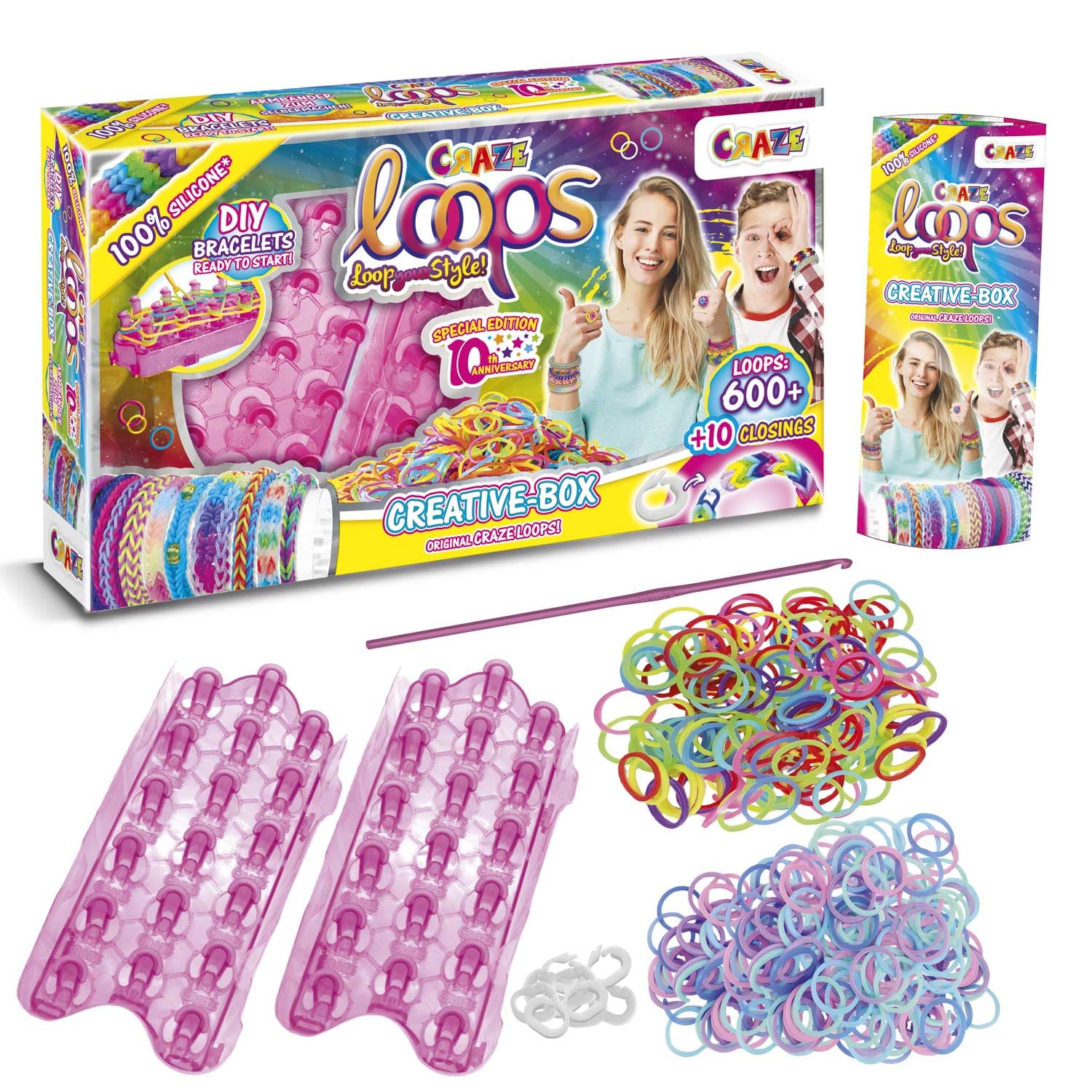 CRAZE loops Loom Bands Creative Box with 600 Rubber Bands, Clasps, Latch Boards & Crochet Hook - Children's Craft Set Necklaces, Rings and Bracelets Make Yourself
