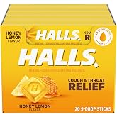 HALLS Cough &amp; Throat Relief Honey Lemon Cough Drops, 180 ct | No Synthetic Dyes, 20 Sticks of 9
