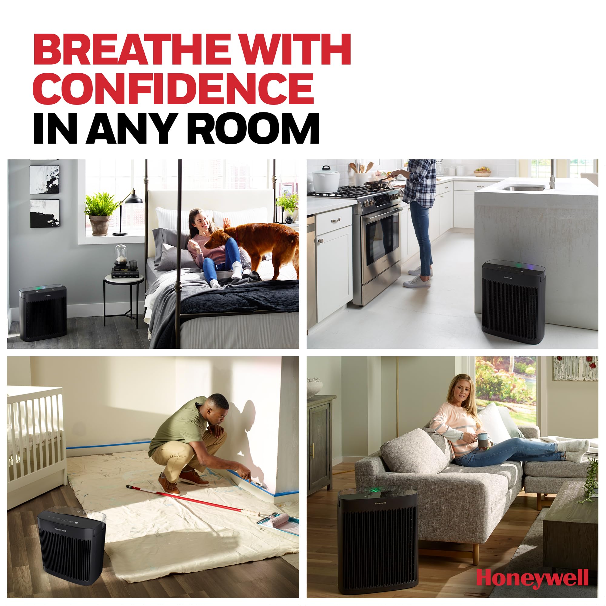 Honeywell Allergen Plus HEPA Air Purifier for Home Large Rooms up to 2400 Ft², Air Quality Monitor, Auto Mode, Reduces Allergens, Pollen, Pet Dander, Odors, Smoke, Black, HPA5300B