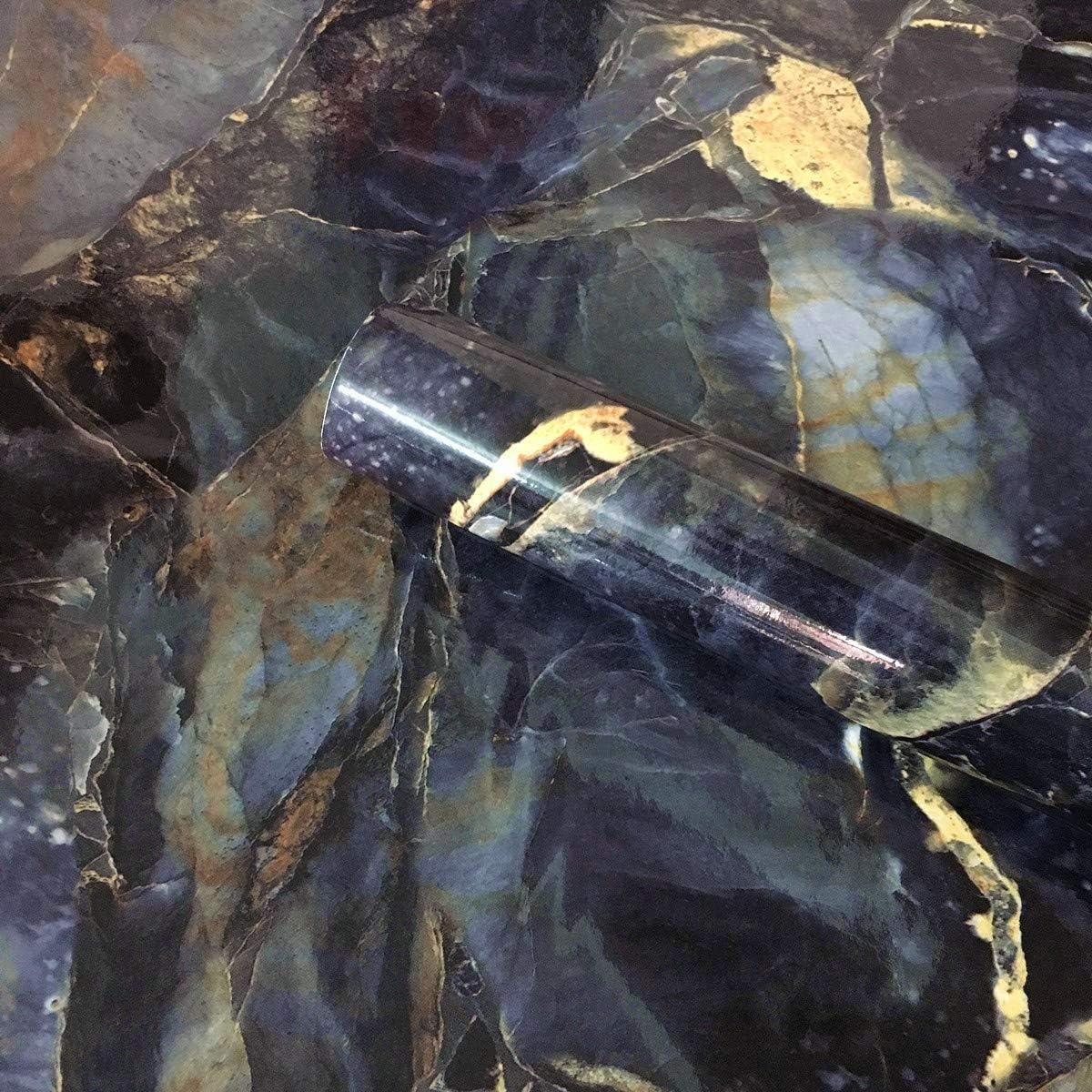 Redodeco Blue Stone Marble Adhesive Paper Gloss Granite Vinyl Wrap Kitchen Countertop Peel Stick Wallpaper Funiture Paper Decal 15.8inch by 79inch