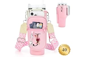 LOKASS Water Bottle Holder with Strap for Stanley Cup 40 oz Tumbler with Handle, Personalized Initial, Water Bottle Carrier Bag with Phone Pocket for Stanley Cup Accessories