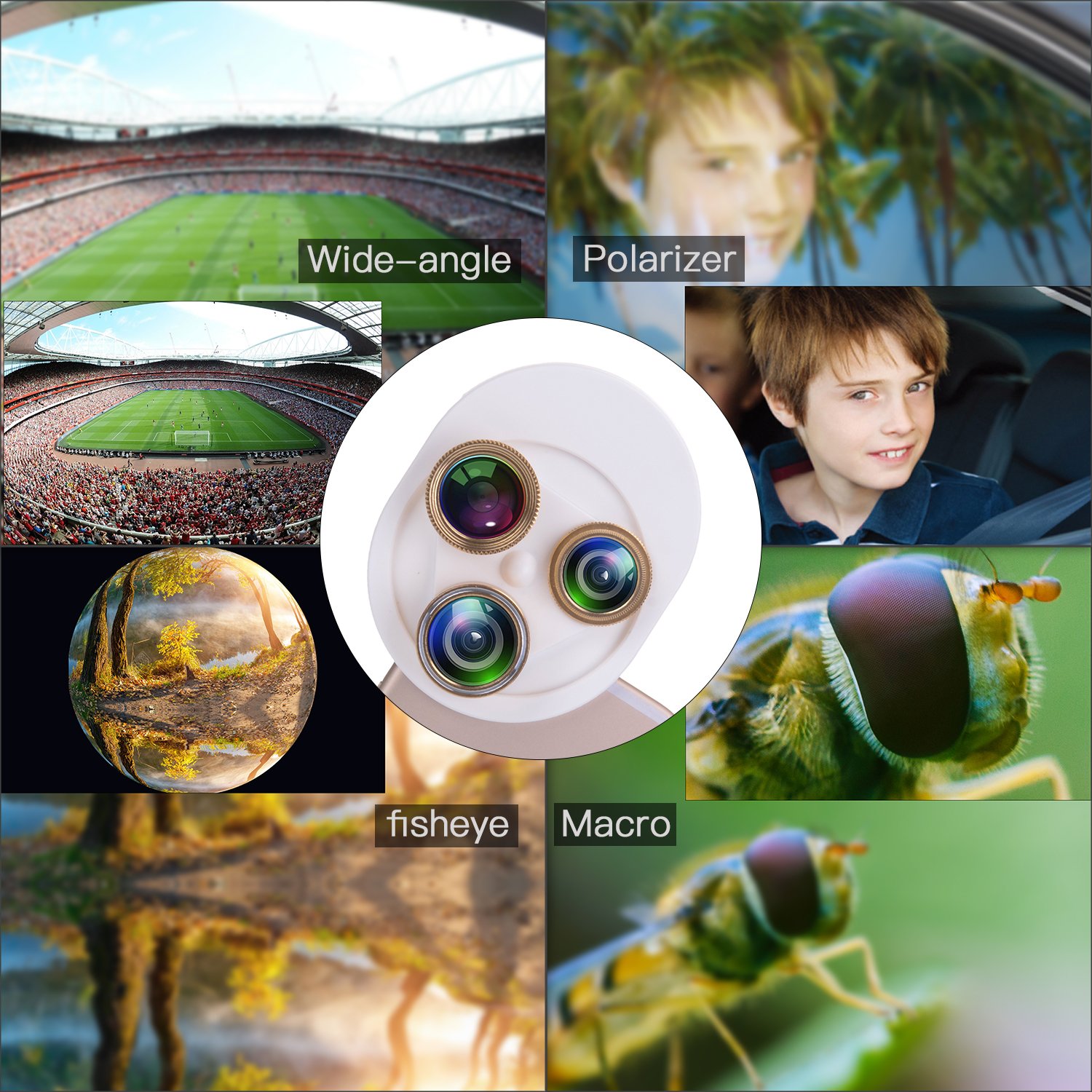 Cell Phone Camera Lens, YELIN 4 in 1 Phone Camera Lens, 198°Fisheye Lens 15X Macro Lens 0.63X Wide Angle Lens CPL Lens Universal Clip-on Camera Lens Kit for iPhone Samsung etc. (Gold & White)