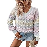 Floerns Women's Rainbow Pointelle Knit Fall Sweaters V Neck Long Sleeve Crochet Pullover Tops