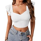 LYANER Women's Summer Sweetheart Blouse Smocked Backless Ruffle Sleeve Tank Crop Tops White Large