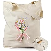 Sunnymove Embroidered Tote Bag Cute Bow Bag Pink Coquette Floral with Zipper Pockets Reusable Shopping Grocery Cloths Flowers Totes Valentine Gifts for Women Birthday Books Reader Travel Shopping