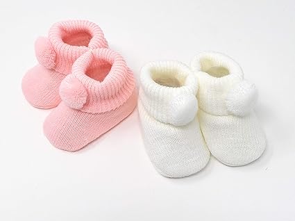 2 X Paire De Chaussons Booties Rose Et Blanc Avec Pompom Bebe Naissance Amazon Fr Bebes Puericulture