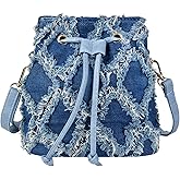 QZUnique Women Denim Mini Bucket Bag Crossbody Purse Shoulder Handbag Drawstring Quilted Tassel Barrel Shape Satchel Tote Bag
