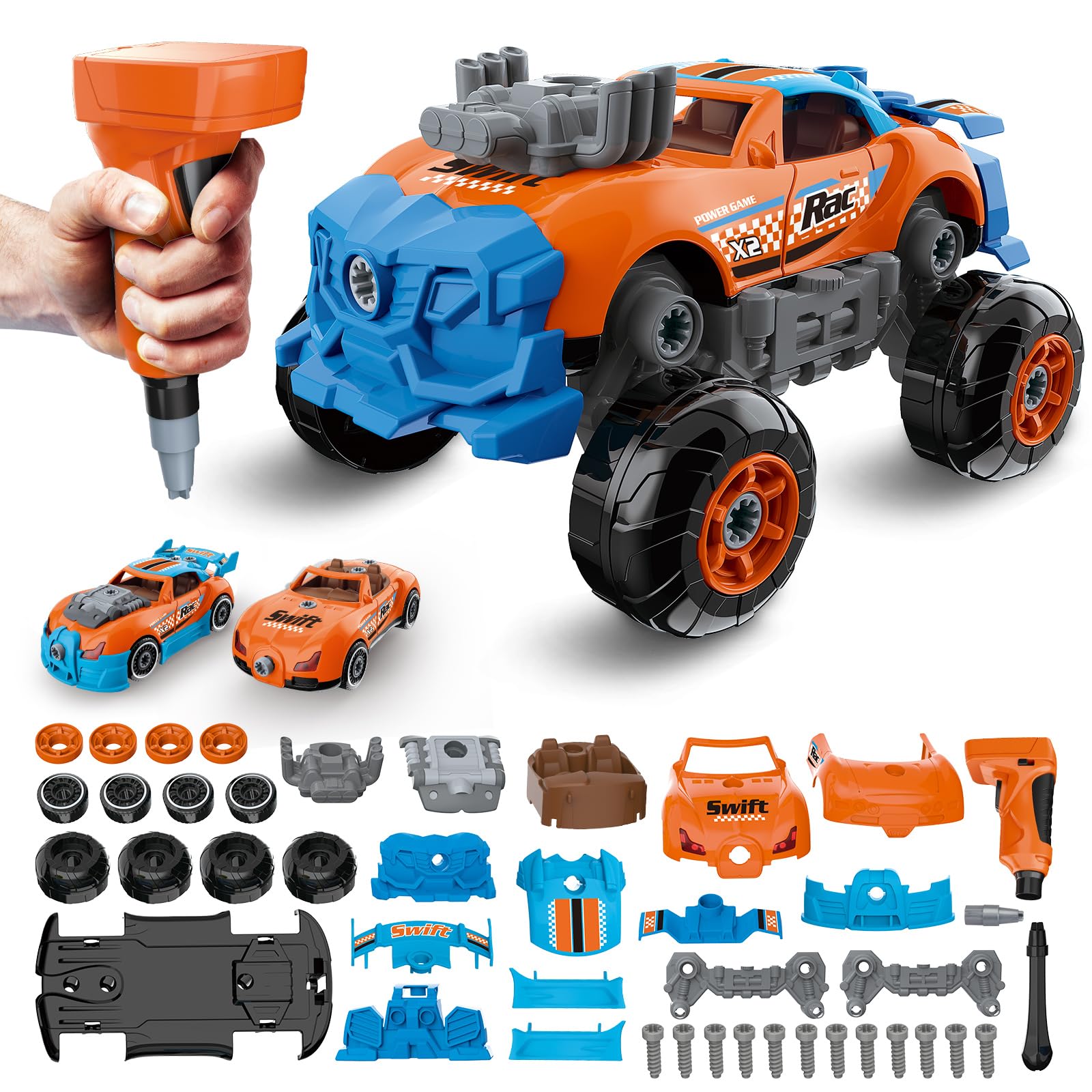 Photo 1 of Pup Go 3-in-1 Take Apart Car for Boys Ages 3 4 5 6 7, Building Toys with Electric Drill, 43 Pcs Construction Toy Truck, Build Your Own Car with Play Tools, Ideal STEM Gift for Kids Children (Orange)