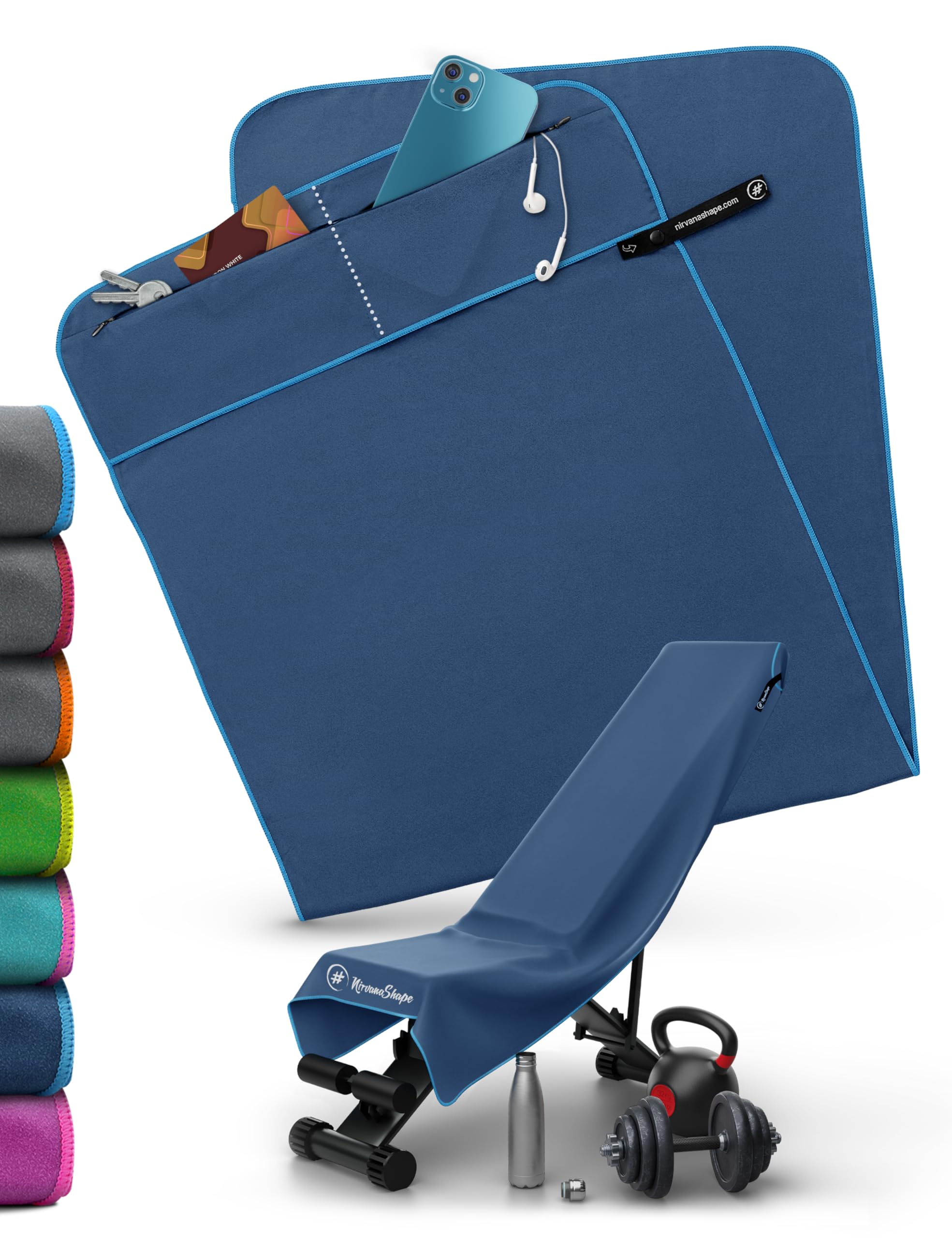 NirvanaShape Gym Towel | Microfibre Gym Towel with Magnetic Clip | Absorbent & Quick-Drying | 125 x 48 cm | Grey with Blue Trim