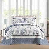 CozyStitch Floral Bedspread 120"x120" Oversized King Bedspread, 100% Cotton California King Quilt with 2 Pillow Shams, Lightweight Garden Quilted Bedspreads Coverlet Set, Blue/Cream, 3 Pcs