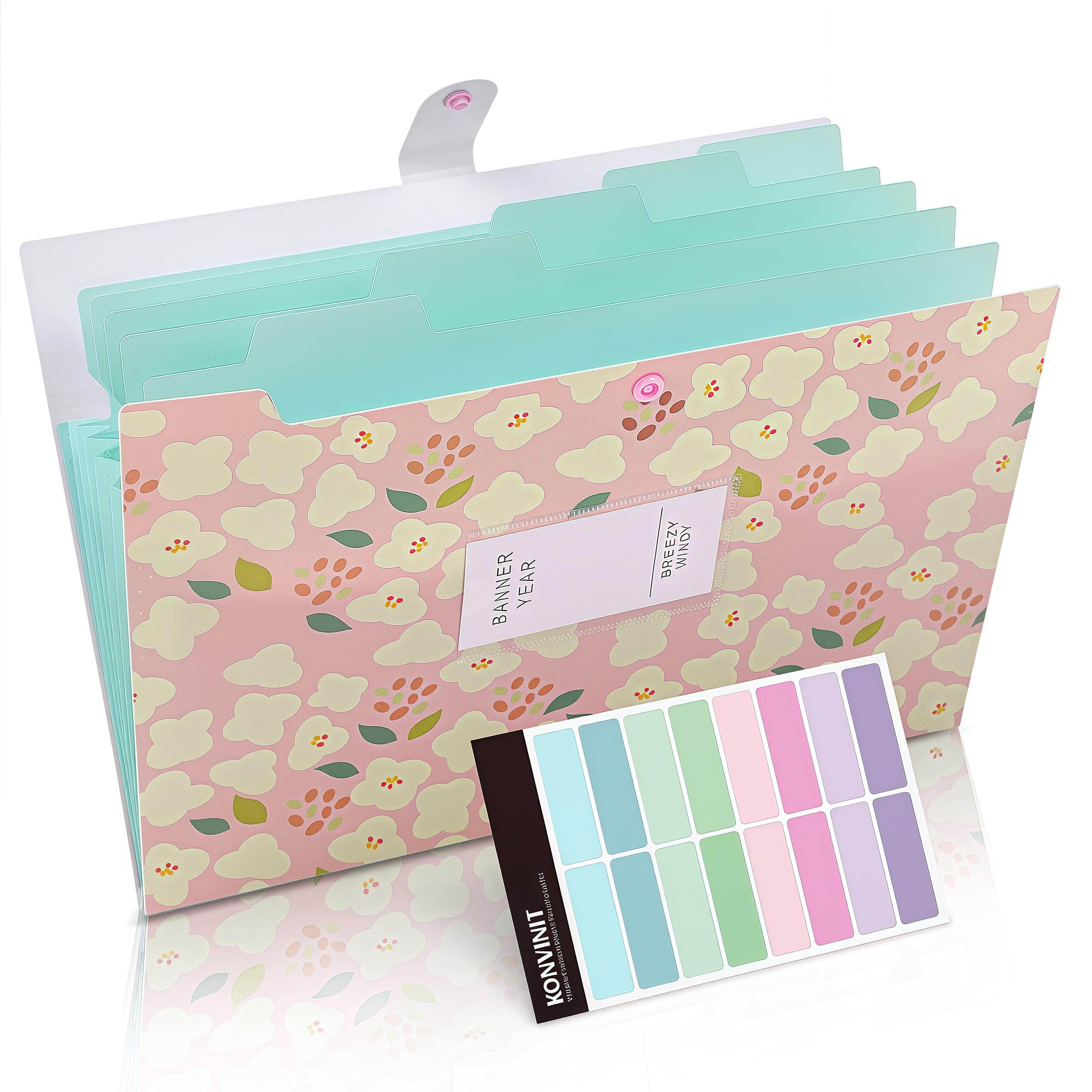 Expanding File Folders Letter Size (A4), Expandable with 5 Compartments Document Organizer, Waterproof, Flexible, and Light, Bellows Sorter, Flower, Pink — image 1