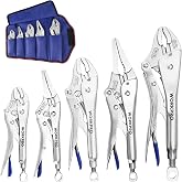 WORKPRO 5-Piece Locking Pliers Set, 5"/7"/10" Curved Jaw &amp; 6.5"/9.5" Long Nose, CR-MO Steel Construction with Perforated Screw, Multipurpose Clamping Tool Kit for Automotive, Welding, and Home DIY