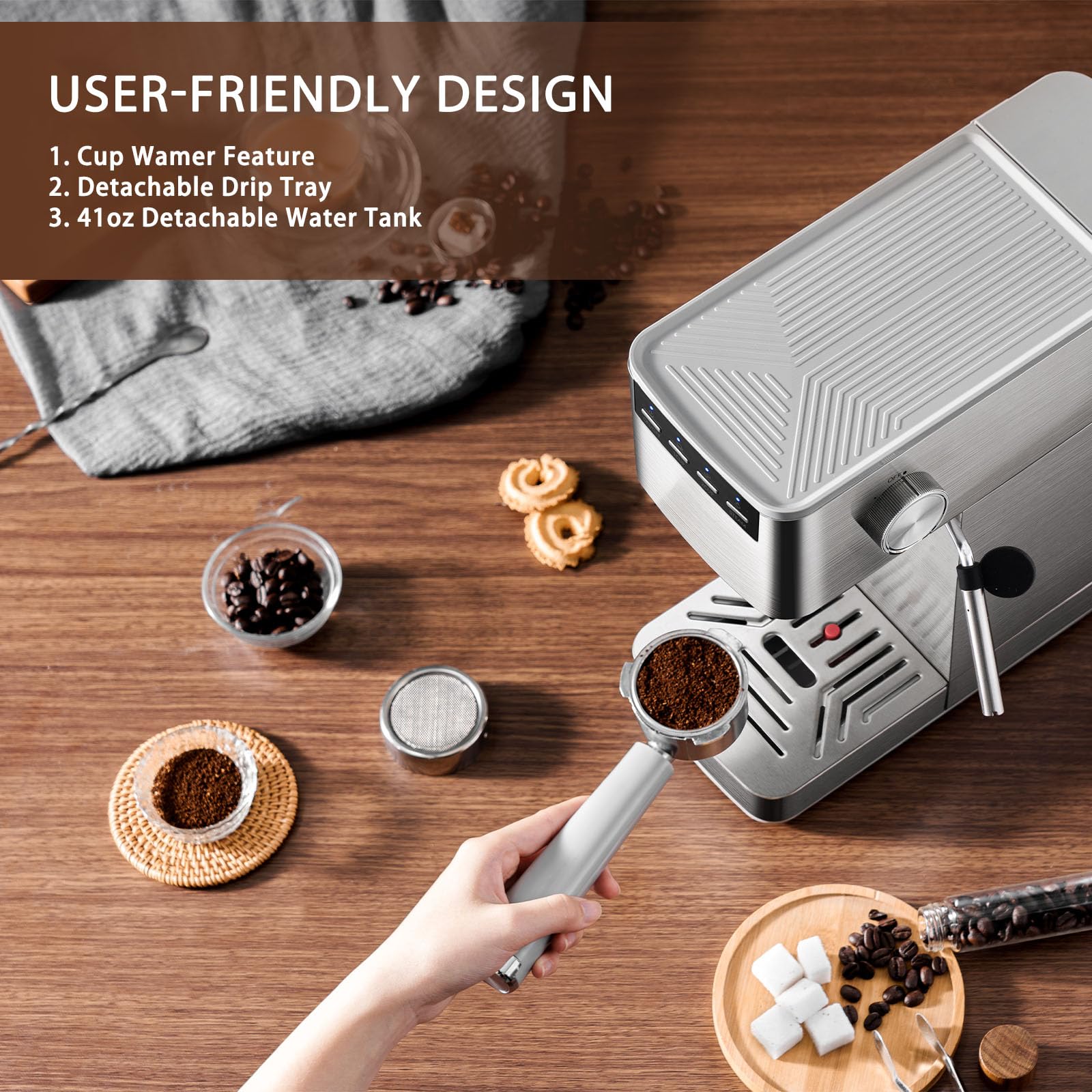 Espresso Machine with Milk Frother, Stainless Steel Espresso Maker, Cappuccino Latte Machine with 41oz Removable Water Tank, Cup Warmer, Easy to Clean Coffee Machine for Home Apartment