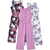 PATPAT 3 Pack Girls Jumpsuits Solid Color Floral Print Button Down Sleeveless Jumpsuits Long Romper Pants with Pockets 5-14Y
