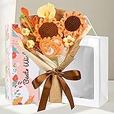 MengxFly Crochet Sunflower Bouquet Handmade, Elegant Everlasting Gift for Her, Knitted Flowers with Gift Box Bag and Card