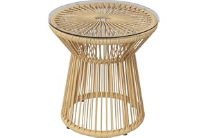 Outsunny Freestanding End Table, Round Hollow Drum Design Side Table with Round PE Rattan and Tempered Glass Tabletop for Pat