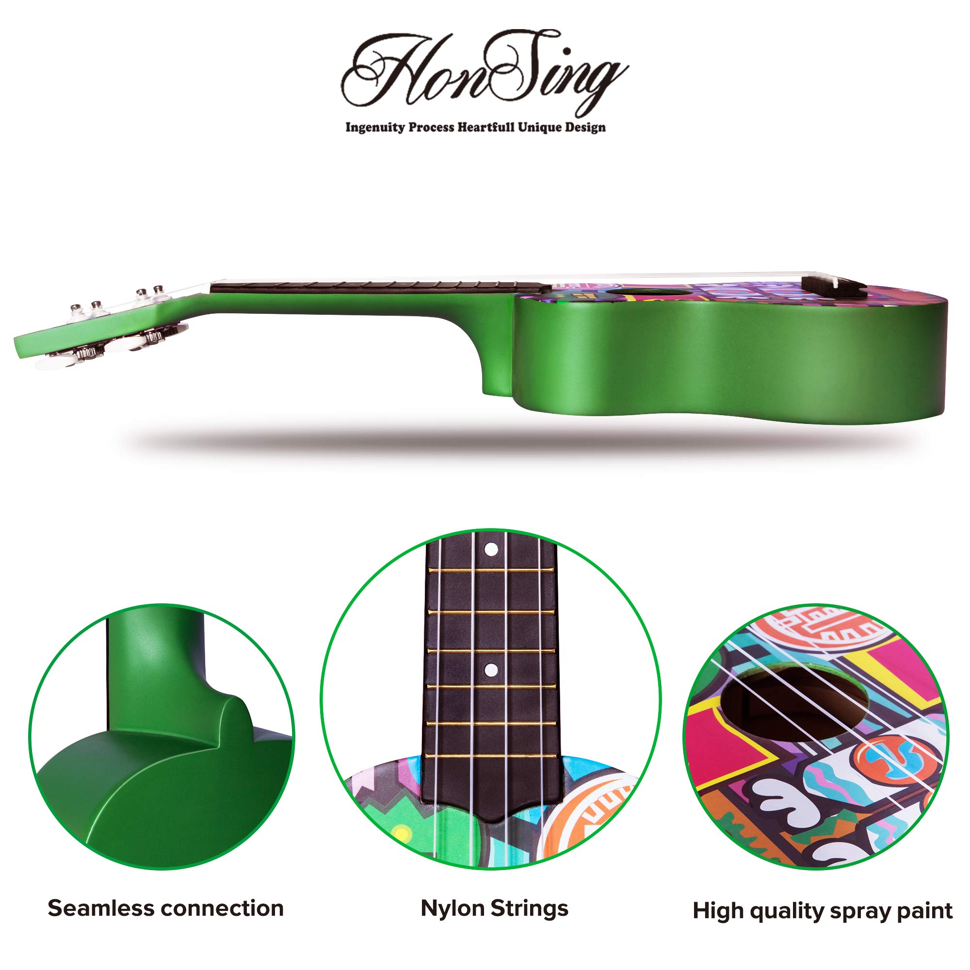 honsing Soprano Ukulele Kit with Gig Bag,Tuner,Strap and Pick,Novelty Doodle Tattoo