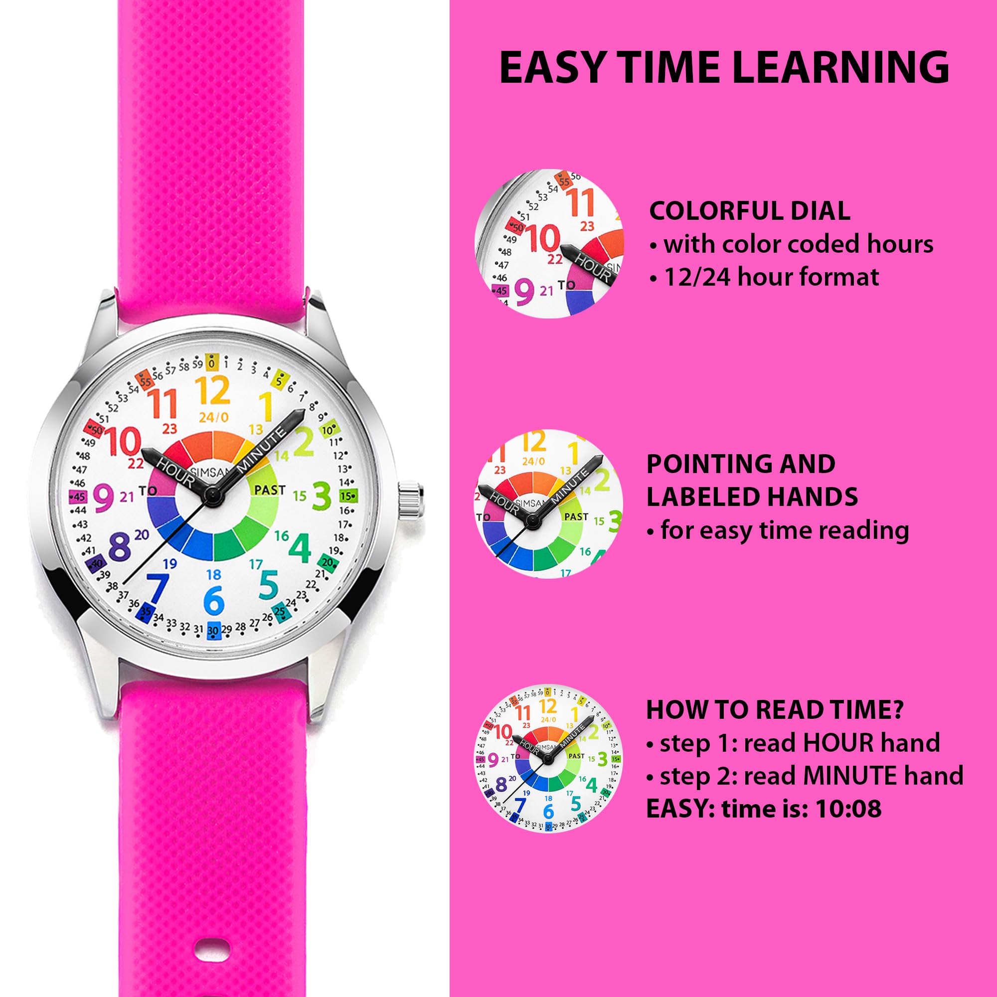 SIMSAM Kids Analog Watch, Learning Watch for Kids 8-12, Waterproof Time Teacher Watches for Boys Ages 5-7 6-8, Easy to Read Educational Girls Watches Ages 8-12, Great Gift Boys Girls Year 4-12 Old Waterproof