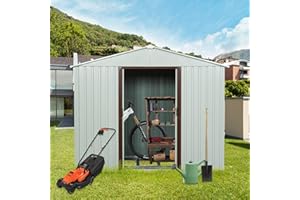 FurGenius 8x4 Ft Outdoor Storage Shed, Metal Utility Tool Shed with Waterproof Sloping Roof, Punched Vents and Sliding Lockable Doors, Garden Storage House for Backyard Lawn, White