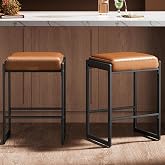 VASAGLE Bar Stools Set of 2, Counter Height, PU Leather, 26-Inch | Mid-Century Modern Bar Stool with Stitching, Kitchen, Home Bar, Dining Room, Caramel Brown, EKHO Collection ULBC086K01