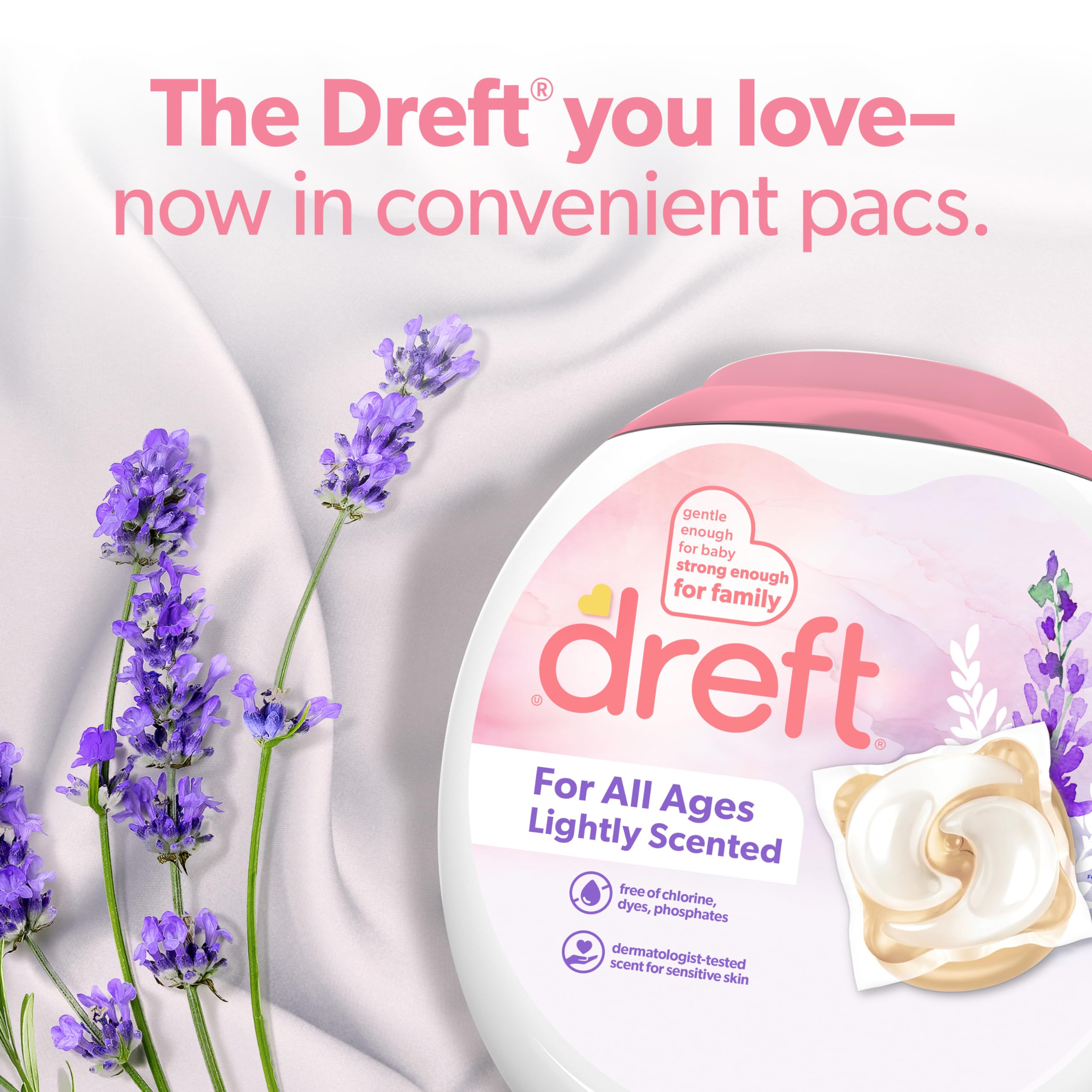 Dreft Laundry Detergent Pacs, Lightly Scented, Lavender, HE Compatible, For Baby and Family, XL Pacs, 45 Count