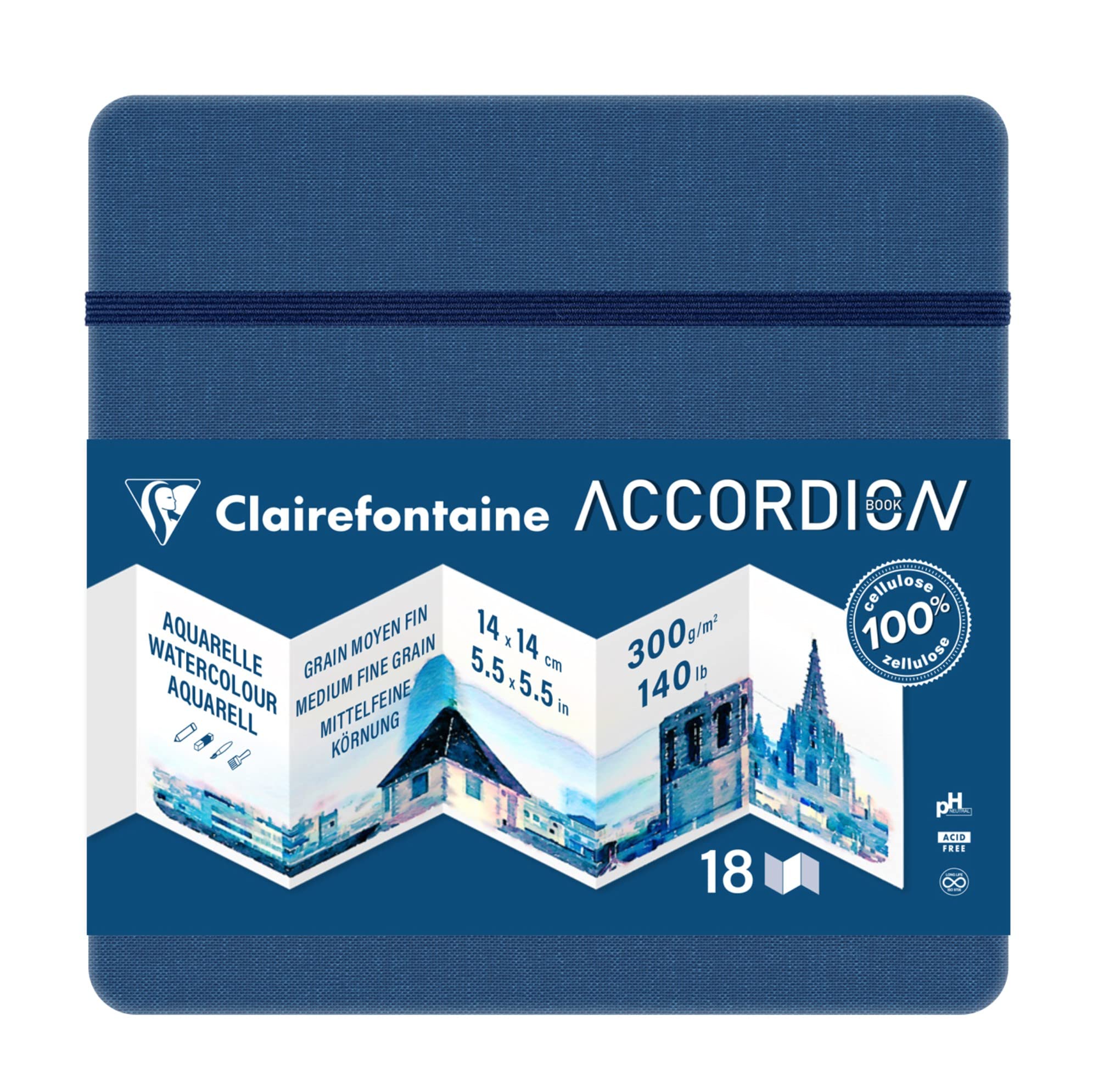 Clairefontaine 975970C - One Accordion Travel Journal - 8 Pages of Medium-Grain White Watercolour Paper 14x14 cm 300g - Ideal for Globetrotting Artists