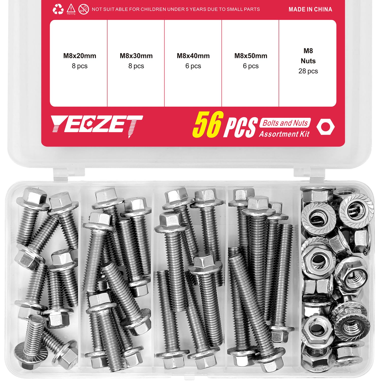 YEEZET 56PCS M8 Stainless Steel 304 Metric Flanged Hex Head Bolts and Nuts kit 20mm 30mm 40mm 50mm
