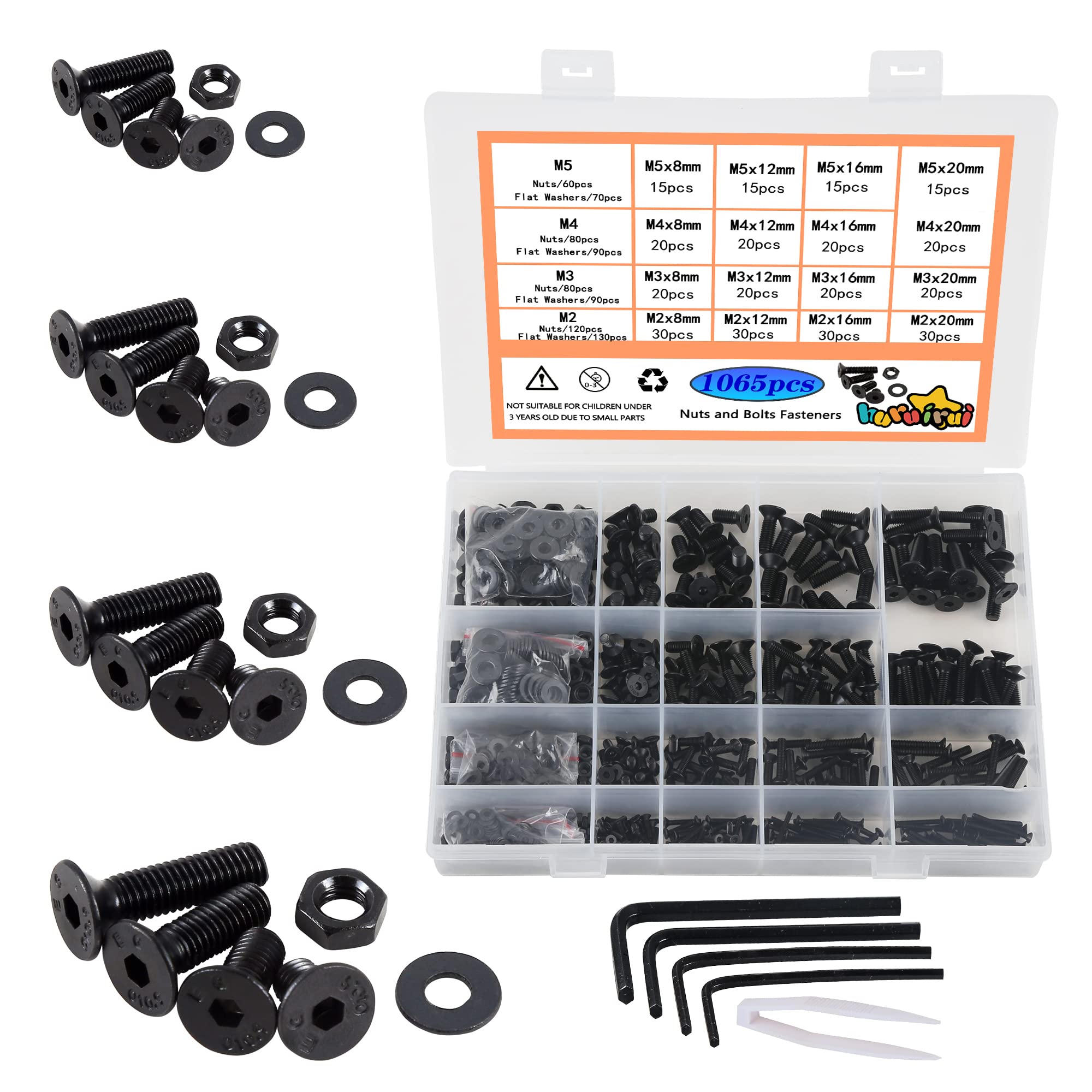 huruirui M2 M3 M4 M5 Nuts and Bolts Washers Assorted Set,1065pcs Black Hex Socket Head Cap Screws Bolts and Nuts Kit, Thread Machine Hex Bolt Set Fastener Repair Tools Assortment Kit