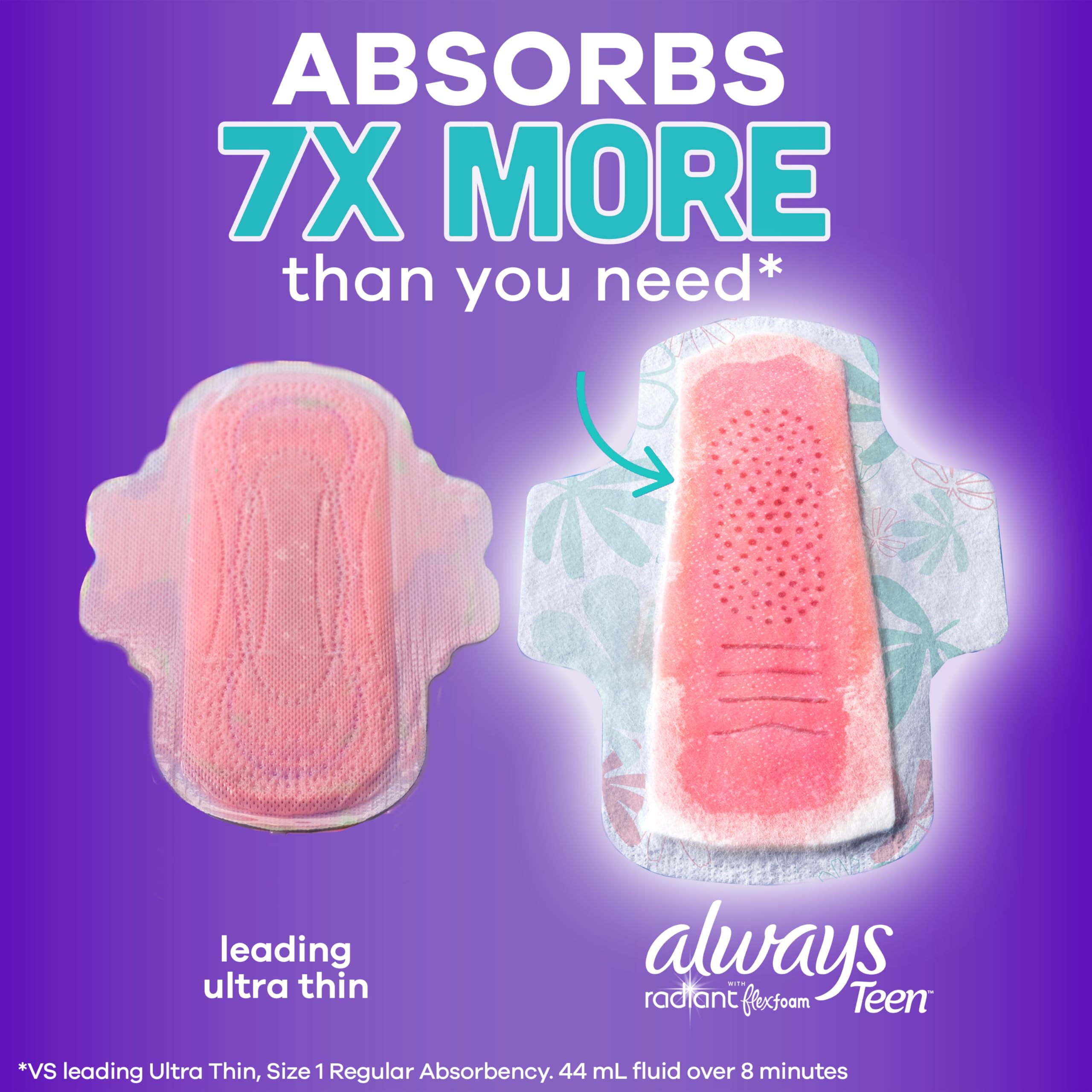 Always Radiant Teen Pads, Size 4, Overnight, with Wings, Unscented, 18 Count