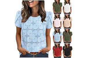 Crochet Lace Tops for Women Dressy Casual Eyelet Petal Short Sleeve Shirts Crewneck Embroidered Fashion Summer Blouse