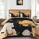 Dobuyly Black Floral Comforter Set Queen 7 Piece Bed in a Bag, Yellow Brown Flower Printed on Black Comforter Set with Sheets, Soft Microfiber Botanical Boho Bedding Set for All Season