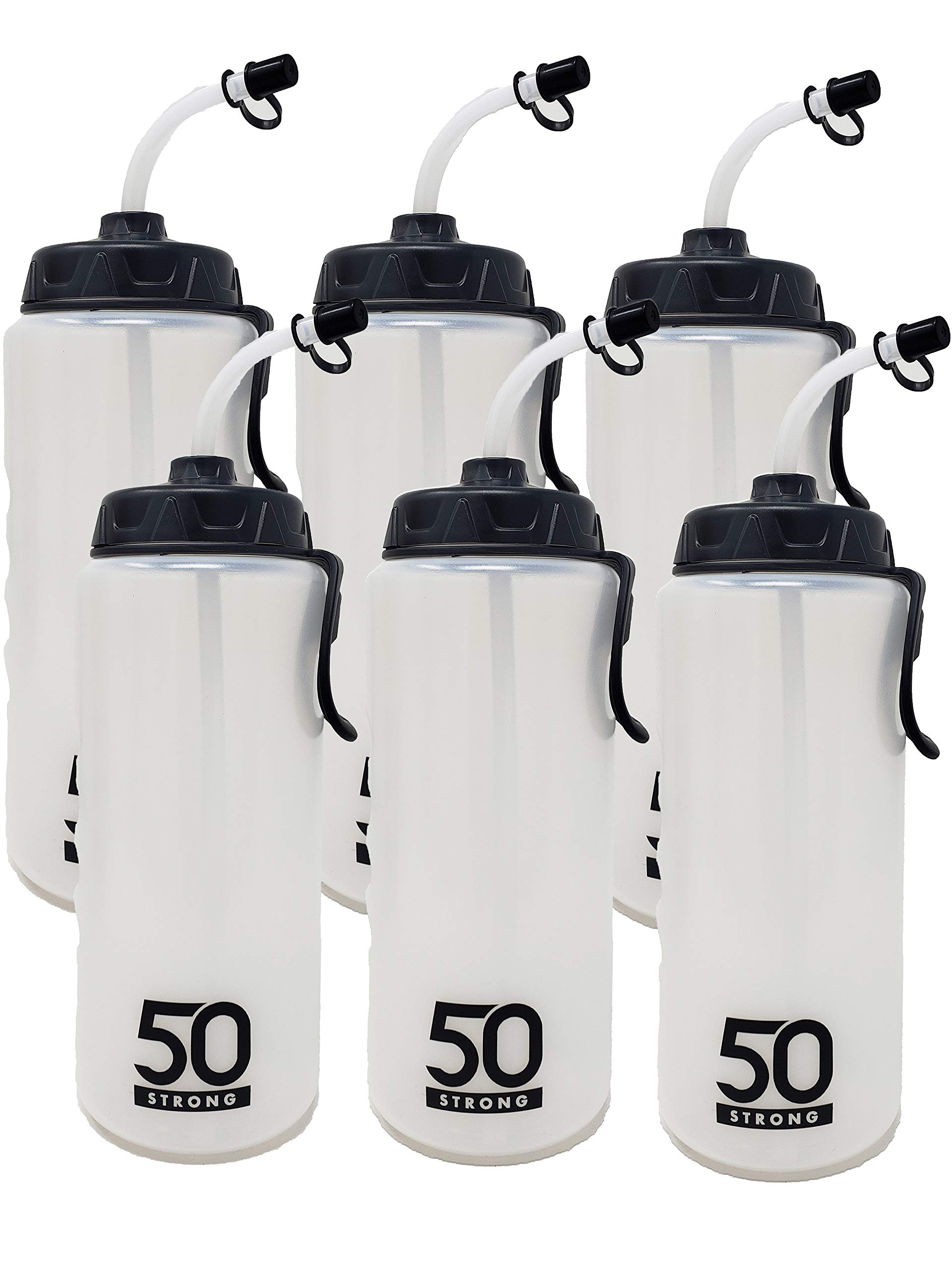 (incomplete 4 pack )1 Liter Sports Water Bottle W/Straw - Easy Squeeze + Built in Finger Grip & Carry Loop - BPA Free Plastic - Use W/Sport Helmet in Football & Hockey - Single & Multi-Pack (Clear/Black, 6 Pack)