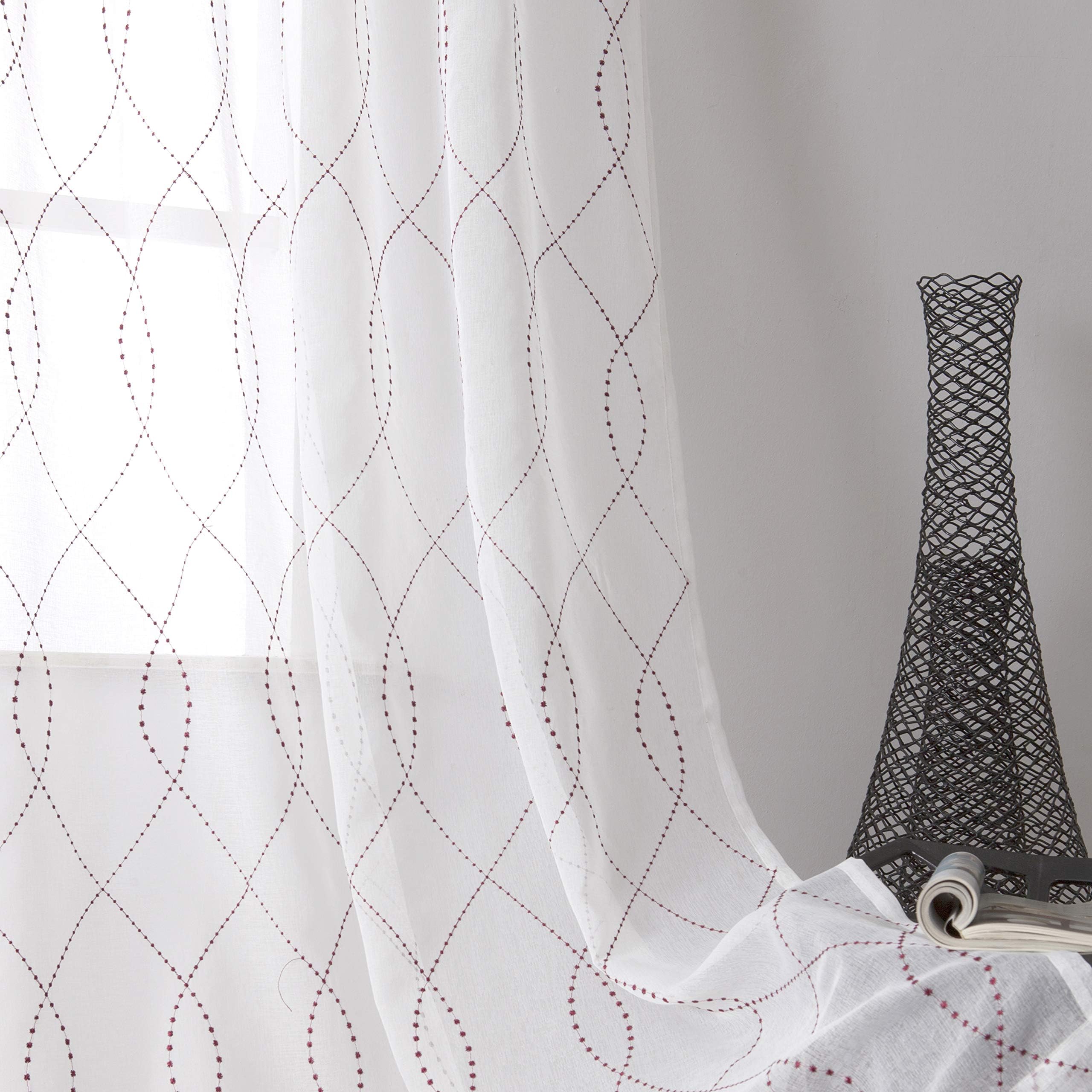 VISIONTEX Moroccan White Voile Sheer Window Curtains Panels, Wine Red Dots Patterned Semi Embroidery Faux Linen Rod Pocket Window Treatment Drapes for Living Room 54 x 63 Inch, Set of 2