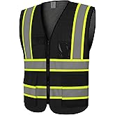LIZMOF Construction Vest for Men, Hi Vis Reflective Safety Vest, Black, S | High Vis Vest with Pockets, High Visibility Mesh Work Vest with Reflective Strips, ANSI Compliant