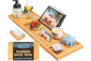 Home It Premium Foldable Bathtub Tray - Bamboo Waterproof Bath Tray for tub Caddy - Wooden Holder for Wine, Book, Soap, Phone