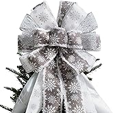 Large Christmas Tree Topper Bow 52x13 Inch, Pre-Tied Wired Ribbon Wreath Bows, Xmas Ornaments with Long Wired Edge Streamer for Holiday Thanksgiving Indoor Outdoor Party Decoration (Silver)