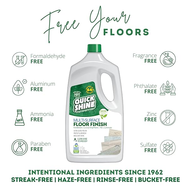 QUICK SHINE MULTI SURFACE FLOOR FINISH 64OZ | CLEANER & POLISH TO USE ON HARDWOOD, LAMINATE, LUXURY VINYL PLANK LVT, TILE & STONE | SAFER CHOICE W/CLEAN SHINE TECHNOLOGY | SHINE-PROTECT-REFRESH