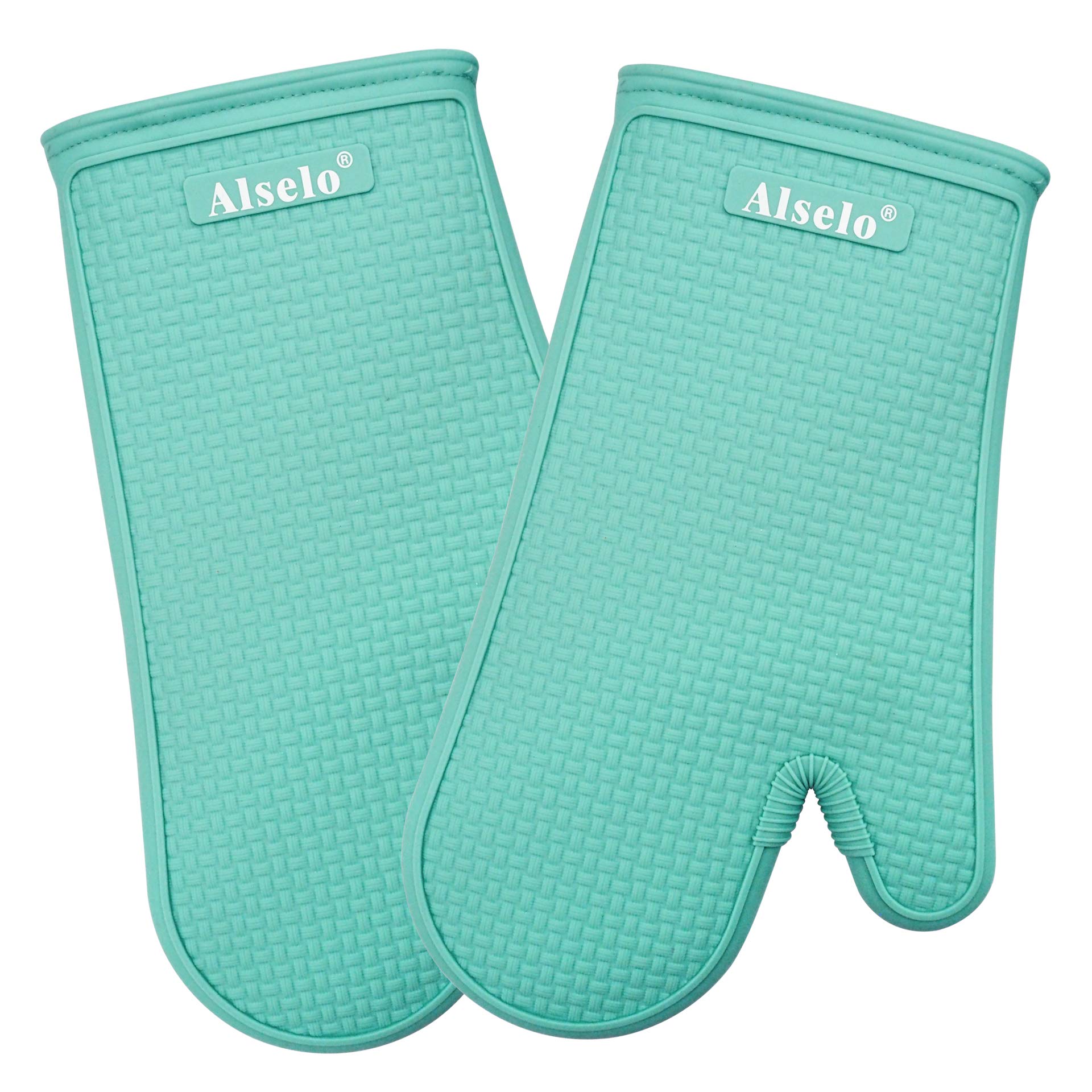 Alselo Oven Mitts Heat Resistant Silicone Kitchen Gloves for 550 Degrees with Waterproof and Non-Silp, Set of 2 Oven Gloves for Baking Cooking Barbecue Microwave Machine Washable (Blue, 2)