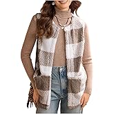 Verdusa Women's Gingham Plaid Teddy Jacket Furry Fuzzy Vest Sleeveless Winter Coats with Pockets