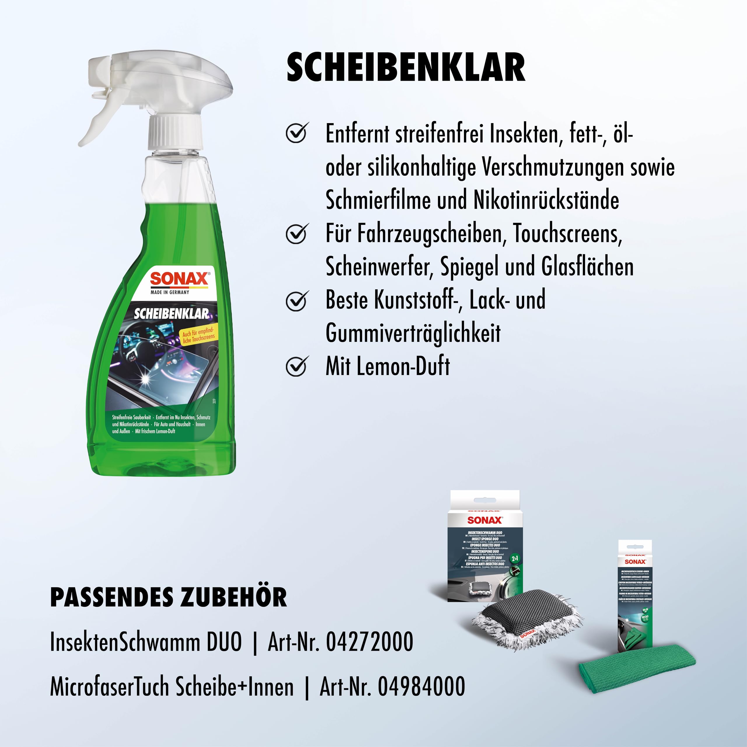 SONAX ScheibenKlar (500 ml) Scheibenreiniger zum Entfernen von Insektenverschmutzungen und Straßenschmutz von Fahrzeugscheiben und Scheinwerfern | Art-Nr. 03382410 4