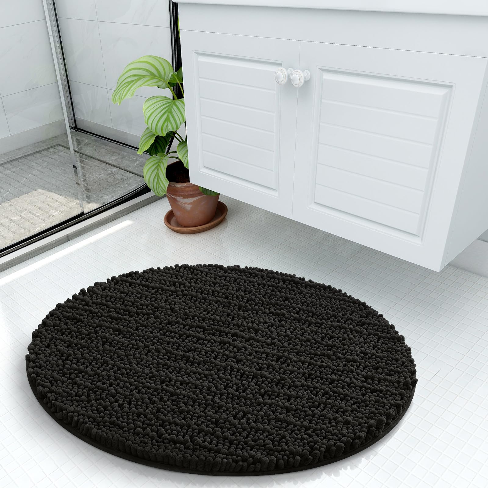 Photo 1 of Arotive Luxury Round Chenille Bathroom Rug Mat, Extra Soft Thick Absorbent Shaggy Bath Rugs, Non-Slip Machine Wash Dry Plush Bath Mats for Bathroom, Shower and Tub, 24x24, Black