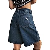 SHENHE Women's Bermuda Jorts Baggy Jean Shorts Mid Waisted Wide Leg Bow Denim Shorts