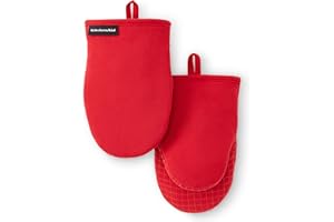 KITCHENAID Gourmet Series Gridlines Mini Oven Mitts 2-Pack Set, Heat Resistant up to 600°F, Soft Silicone Grip, Magnetic Cuff, Passion Red, 5.5"x9"