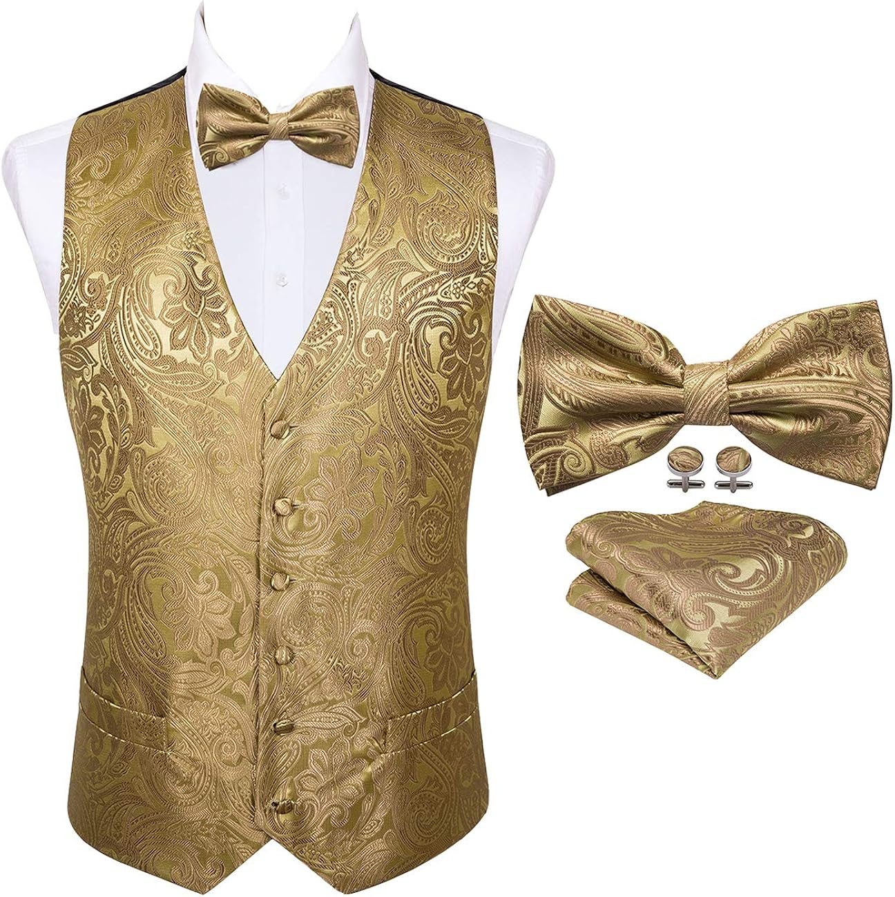 Barry.Wang Mens Waistcoat Bowtie Set Paisley Jacquard Silk Handkerchief